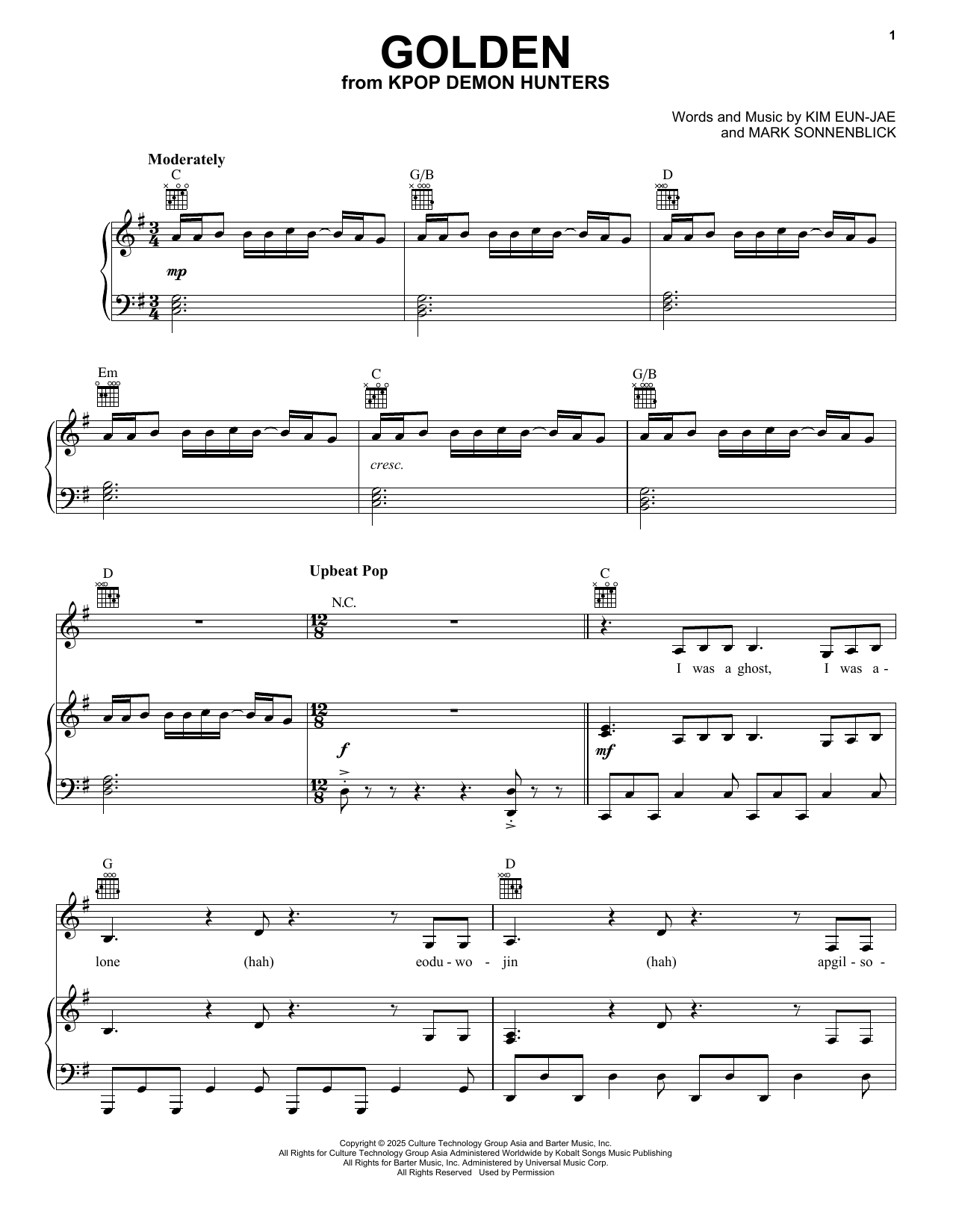 Huntr/x (Ejae, Audrey Nuna and Rei Ami) Golden (from KPop Demon Hunters) Sheet Music Notes & Chords for Piano, Vocal & Guitar Chords (Right-Hand Melody) - Download or Print PDF Huntr/x (Ejae, Audrey Nuna and Rei Ami) Golden (from KPop Demon Hunters) Sheet Music Notes & Chords for Piano, Vocal & Guitar Chords (Right-Hand Melody) - Download or Print PDF
