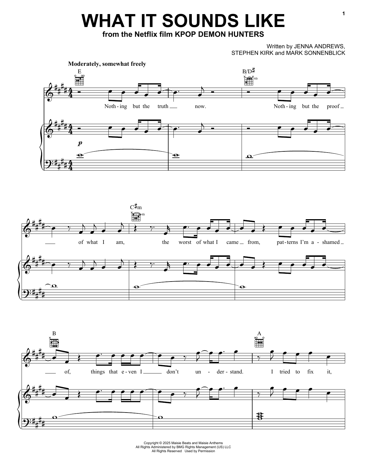 Jenna Andrews What It Sounds Like (from KPop Demon Hunters) Sheet Music Notes & Chords for Piano, Vocal & Guitar Chords (Right-Hand Melody) - Download or Print PDF