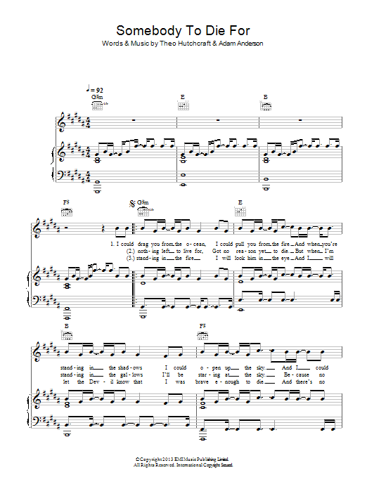 Hurts Somebody To Die For Sheet Music Notes & Chords for Piano, Vocal & Guitar (Right-Hand Melody) - Download or Print PDF