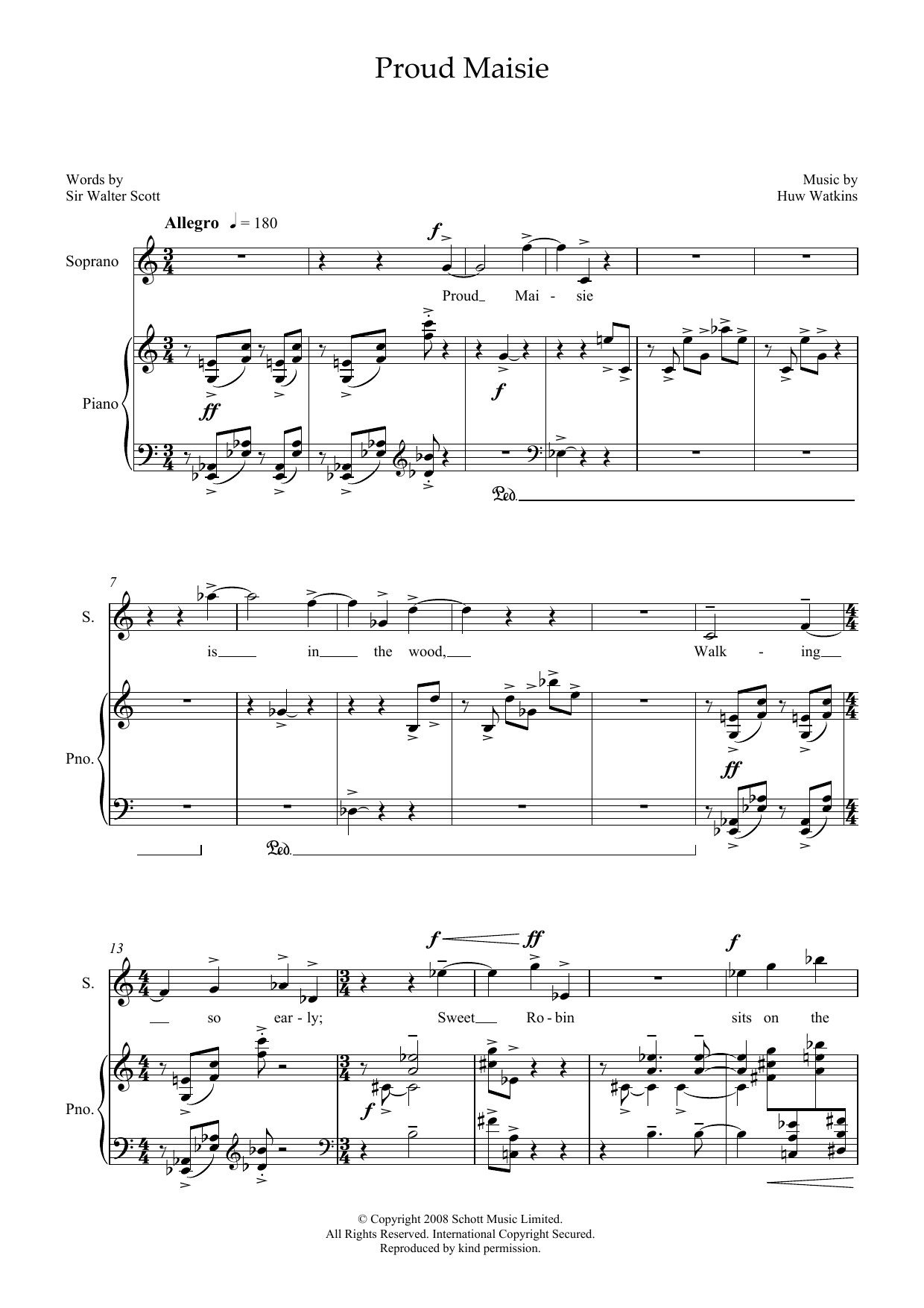 Huw Watkins Proud Maisie (for soprano and piano) Sheet Music Notes & Chords for Piano & Vocal - Download or Print PDF