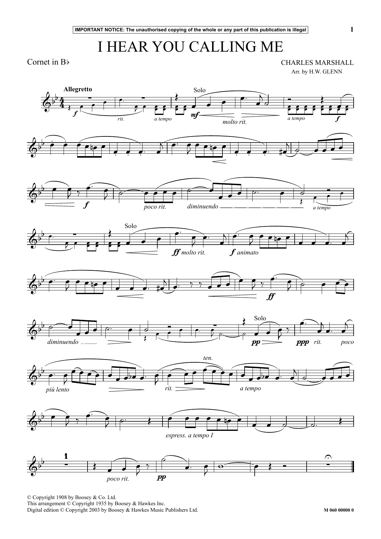 H.W. Glenn I Hear You Calling Me Sheet Music Notes & Chords for Instrumental Solo - Download or Print PDF