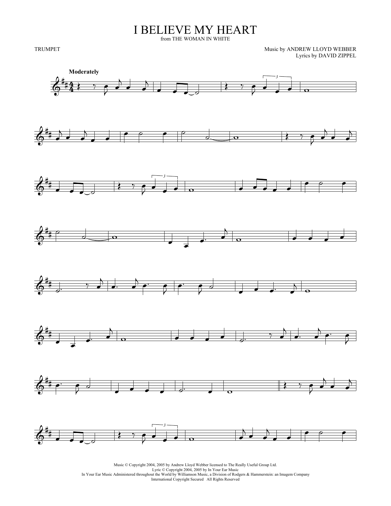 Preview Andrew Lloyd Webber I Believe My Heart (from The Woman In White) Broadway sheet music, notes and chords for Trumpet Solo, SKU: 418925 sheet music, piano notes, chords, guitar tabs, score, transpose, transcribe, how to play, guide, download, learn, tutorial, progression, song, artist, awards, billboard, mtv, vh1, tour, single, album, release