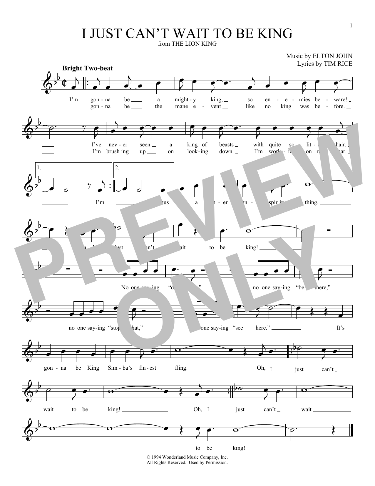 Elton John I Just Can T Wait To Be King From The Lion King Sheet Music Download Pdf Score