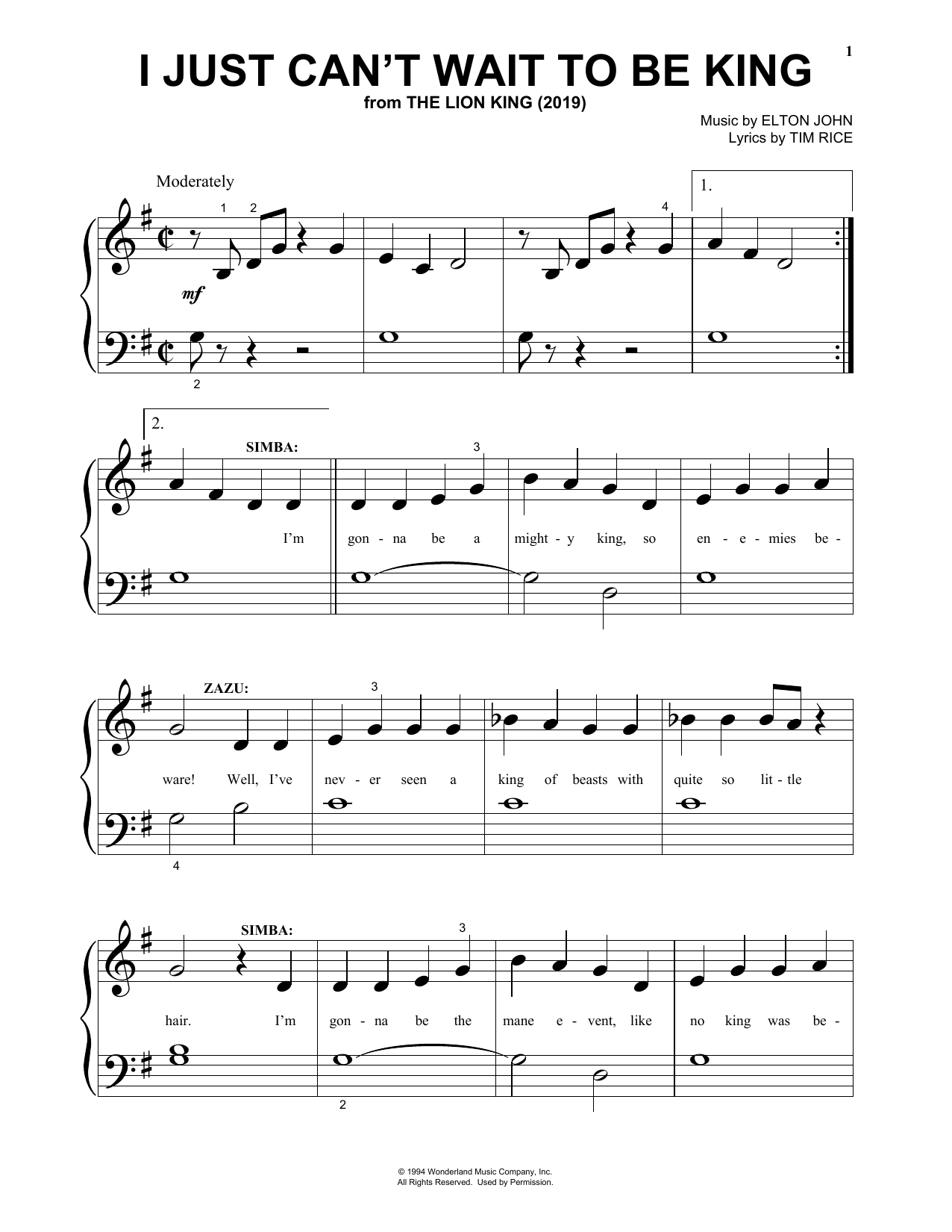 Elton John I Just Can T Wait To Be King From The Lion King 19 Sheet Music Download Pdf Score
