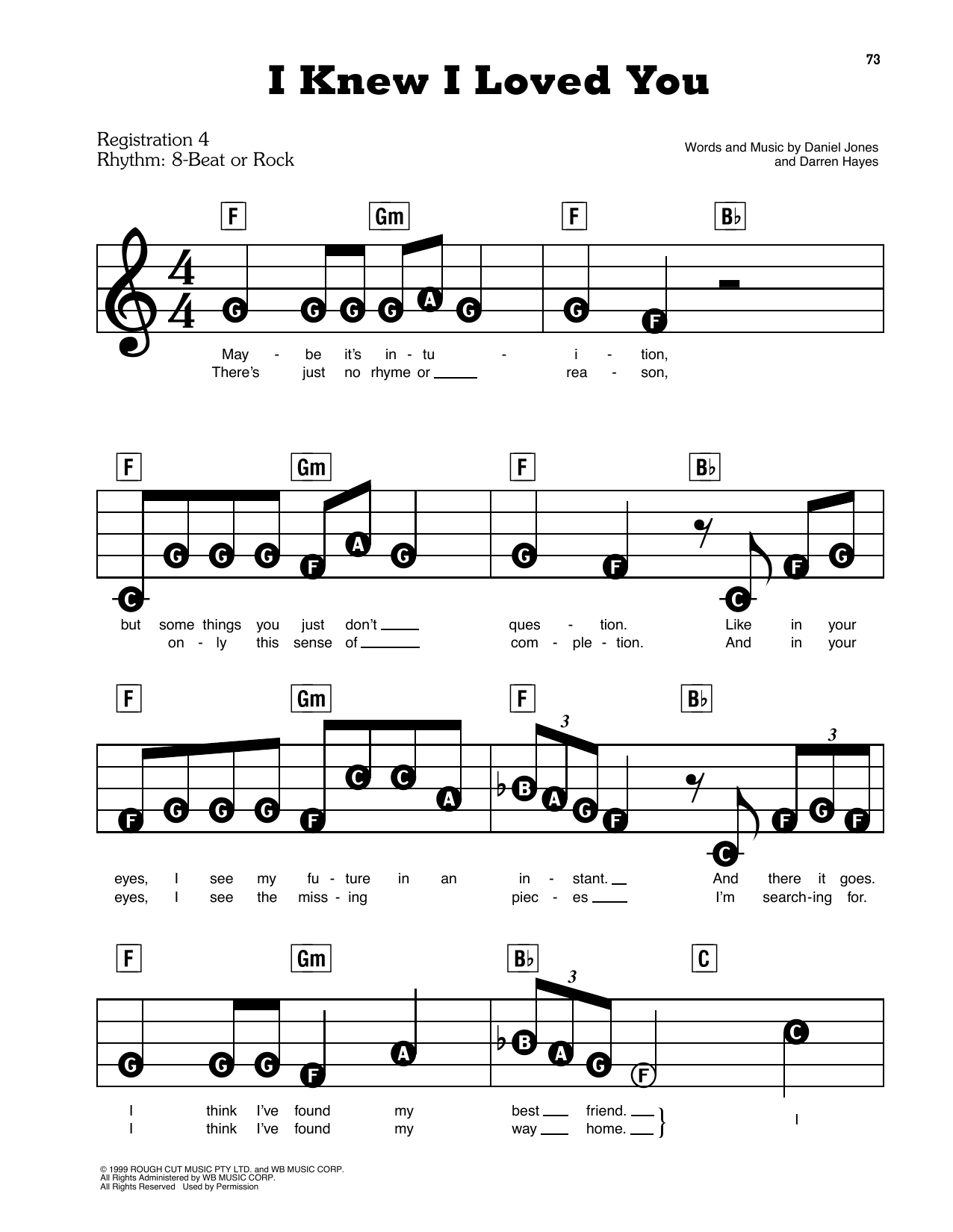 Savage Garden I Knew I Loved You Chords Sheet Music Notes