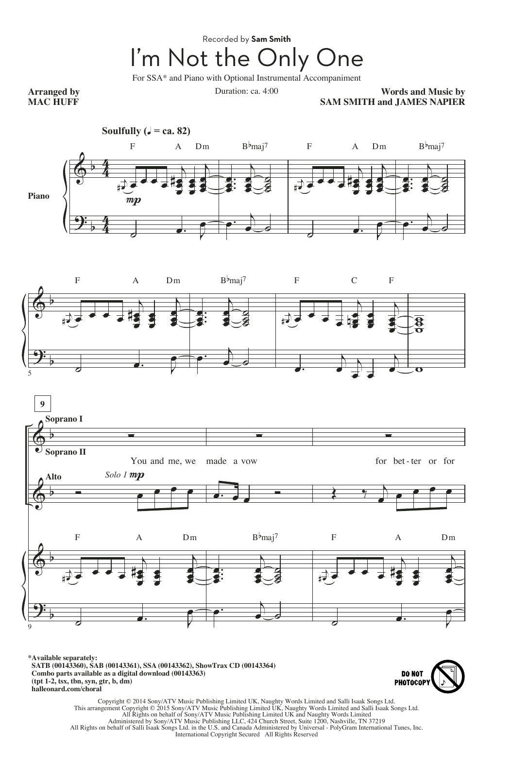 Sam Smith I M Not The Only One Arr Mac Huff Sheet Music Download Pdf Score 159943