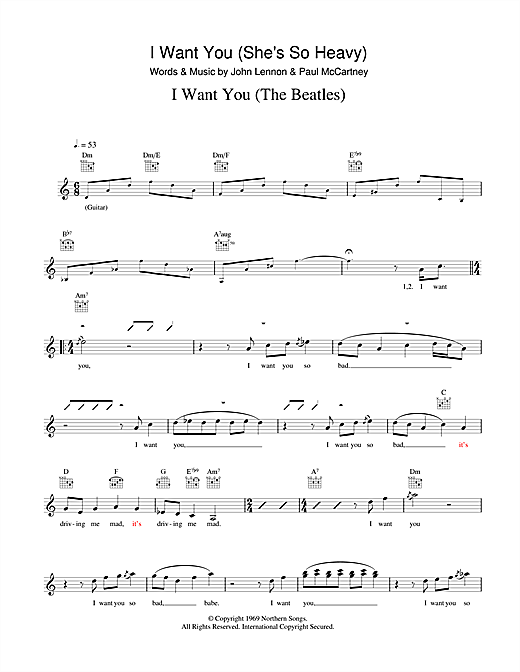 Preview The Beatles I Want You (She's So Heavy) Rock sheet music, notes and chords for Melody Line, Lyrics & Chords, SKU: 179725 sheet music, piano notes, chords, guitar tabs, score, transpose, transcribe, how to play, guide, download, learn, tutorial, progression, song, artist, awards, billboard, mtv, vh1, tour, single, album, release