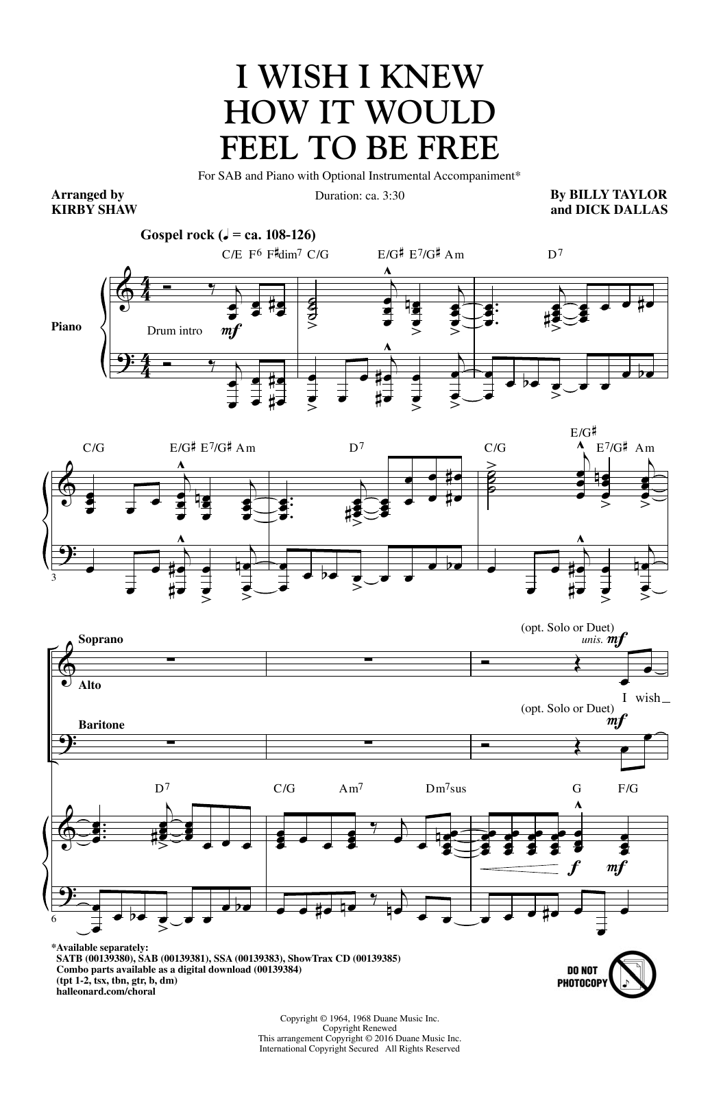 Billy Taylor I Wish I Knew How It Would Feel To Be Free Arr Kirby Shaw Sheet Music Download Pdf Score 164832