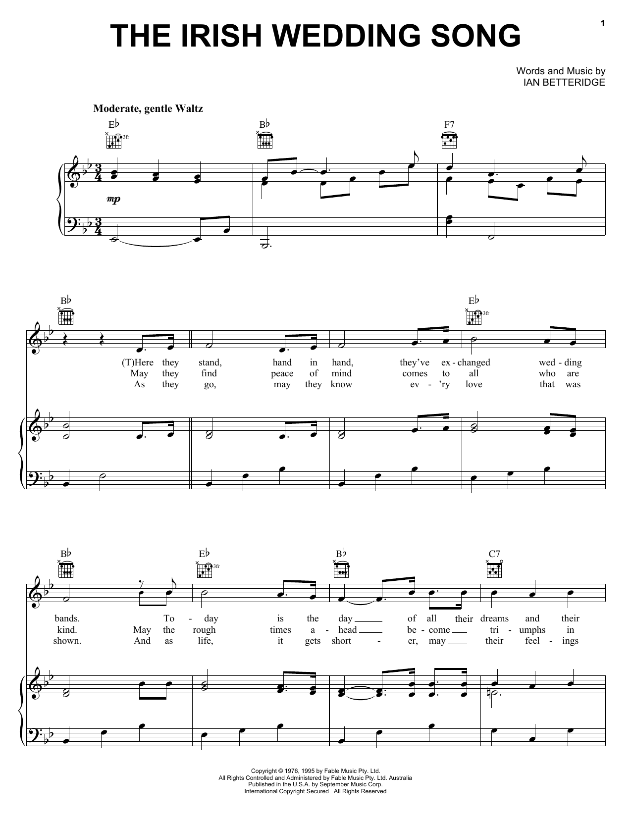 Ian Betteridge The Irish Wedding Song Sheet Music Notes & Chords for Piano, Vocal & Guitar (Right-Hand Melody) - Download or Print PDF