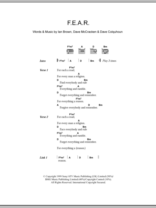 Ian Brown F.E.A.R. Sheet Music Notes & Chords for Lyrics & Chords - Download or Print PDF