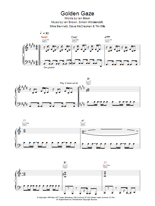 Ian Brown Golden Gaze Sheet Music Notes & Chords for Piano, Vocal & Guitar - Download or Print PDF