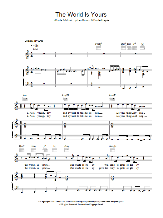 Ian Brown The World Is Yours Sheet Music Notes & Chords for Piano, Vocal & Guitar - Download or Print PDF