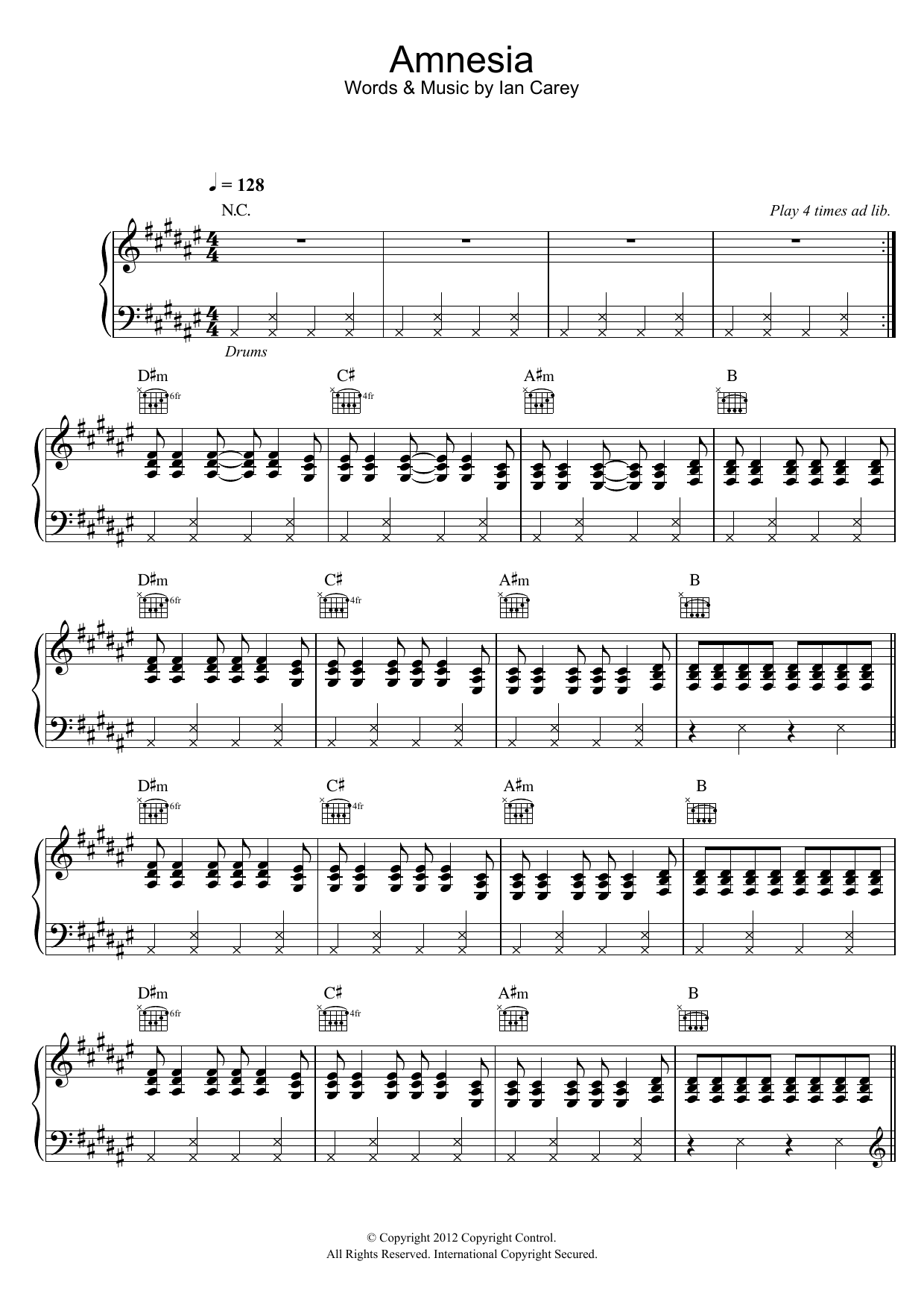 Ian Carey Amnesia (featuring Timbaland and Brasco) Sheet Music Notes & Chords for Piano, Vocal & Guitar (Right-Hand Melody) - Download or Print PDF