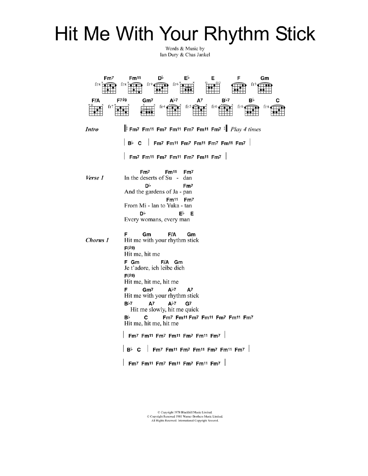 Ian Dury & The Blockheads Hit Me With Your Rhythm Stick Sheet Music Notes & Chords for Lyrics & Chords - Download or Print PDF