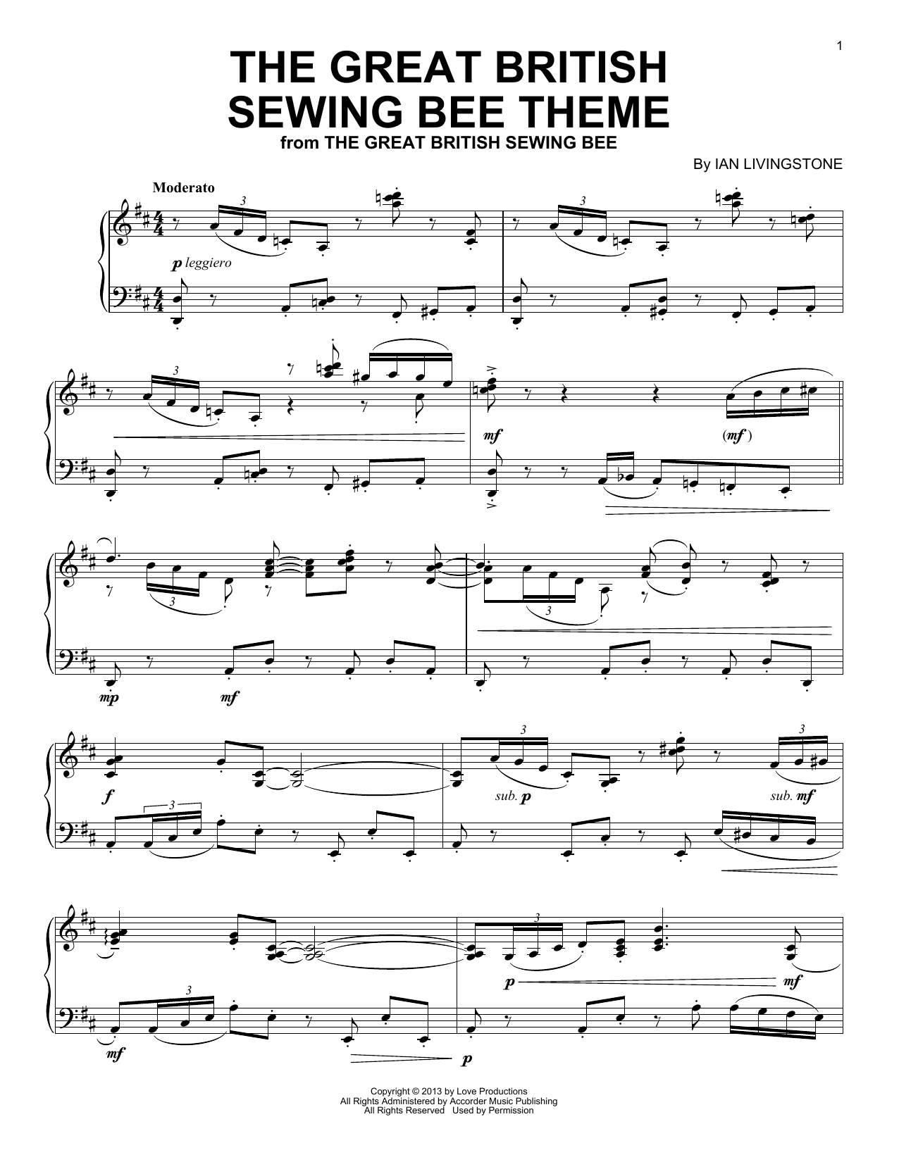 Ian Livingstone The Great British Sewing Bee Theme Sheet Music Notes & Chords for Piano Solo - Download or Print PDF