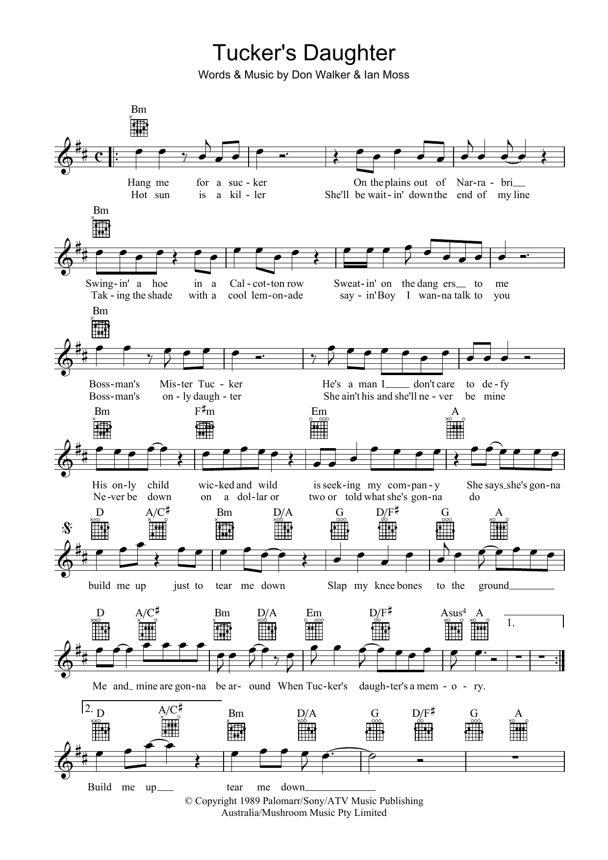 Ian Moss Tucker's Daughter Sheet Music Notes & Chords for Melody Line, Lyrics & Chords - Download or Print PDF