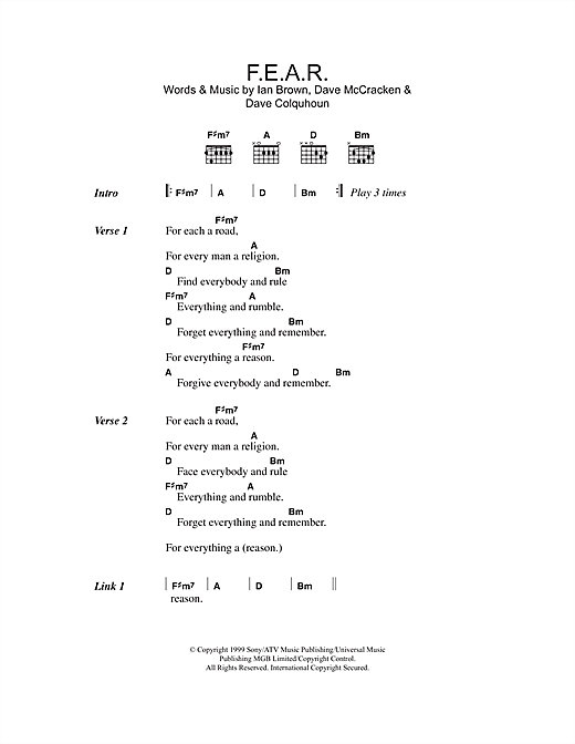 Ian Brown F.E.A.R. Sheet Music Notes & Chords for Lyrics & Chords - Download or Print PDF