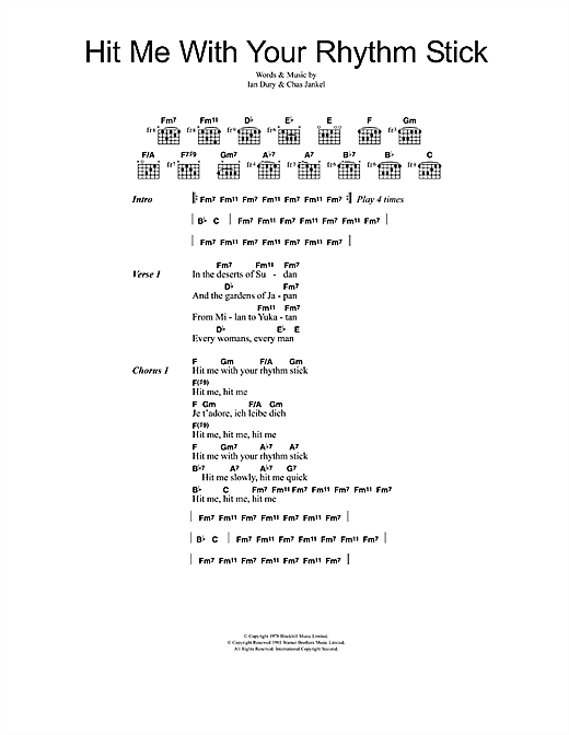 Preview Ian Dury & The Blockheads Hit Me With Your Rhythm Stick Rock sheet music, notes and chords for Lyrics & Chords, SKU: 48128 Hit Me With Your Rhythm Stick sheet music