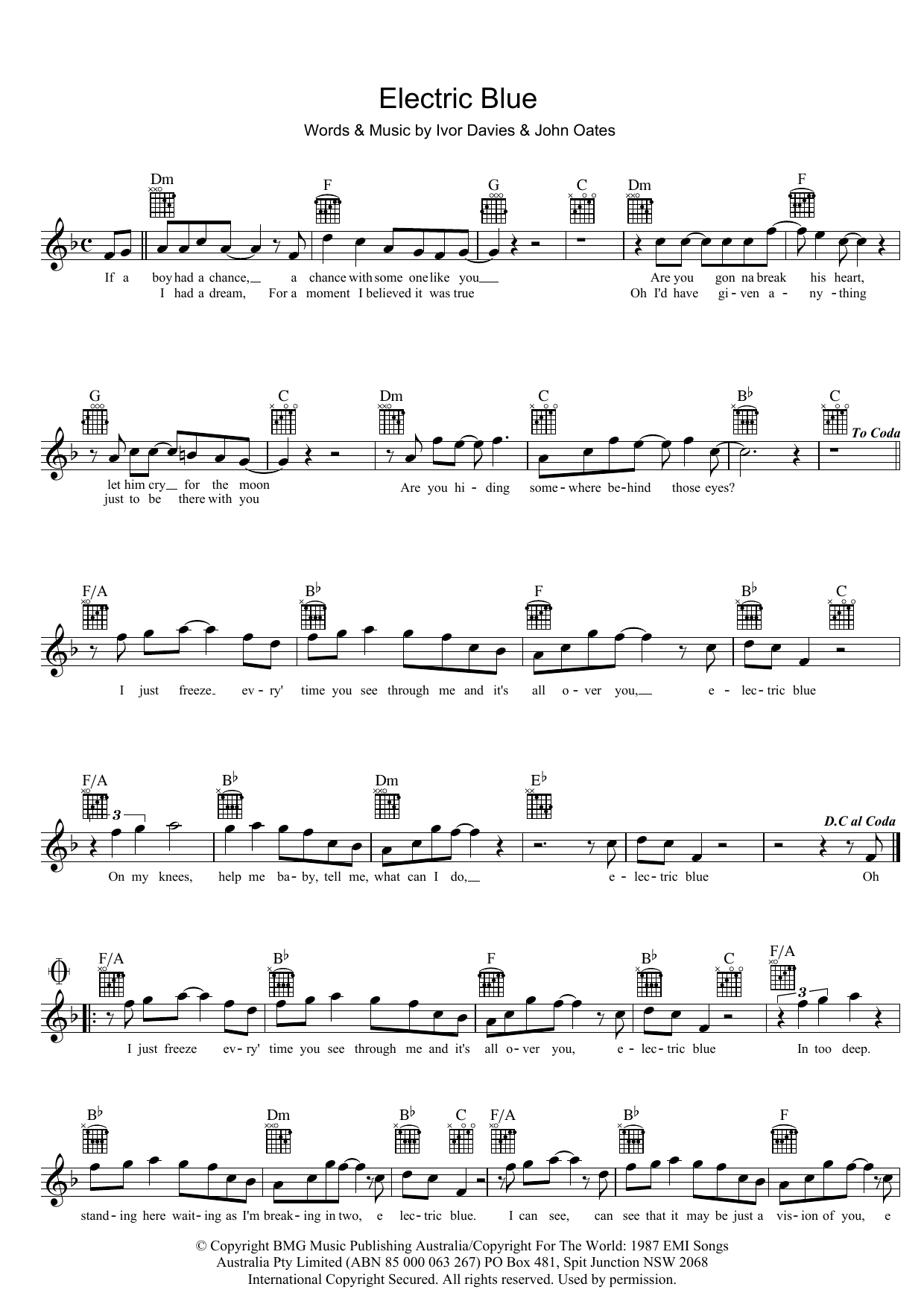 Icehouse Electric Blue Sheet Music Notes & Chords for Melody Line, Lyrics & Chords - Download or Print PDF