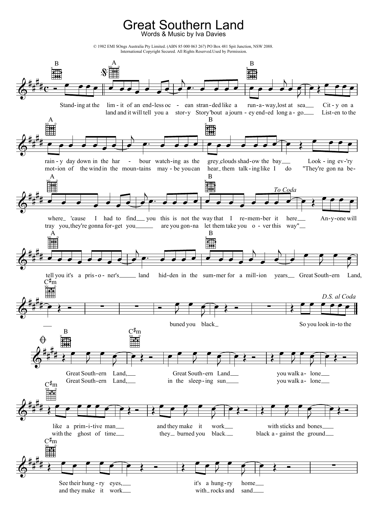Icehouse Great Southern Land Sheet Music Notes & Chords for Melody Line, Lyrics & Chords - Download or Print PDF