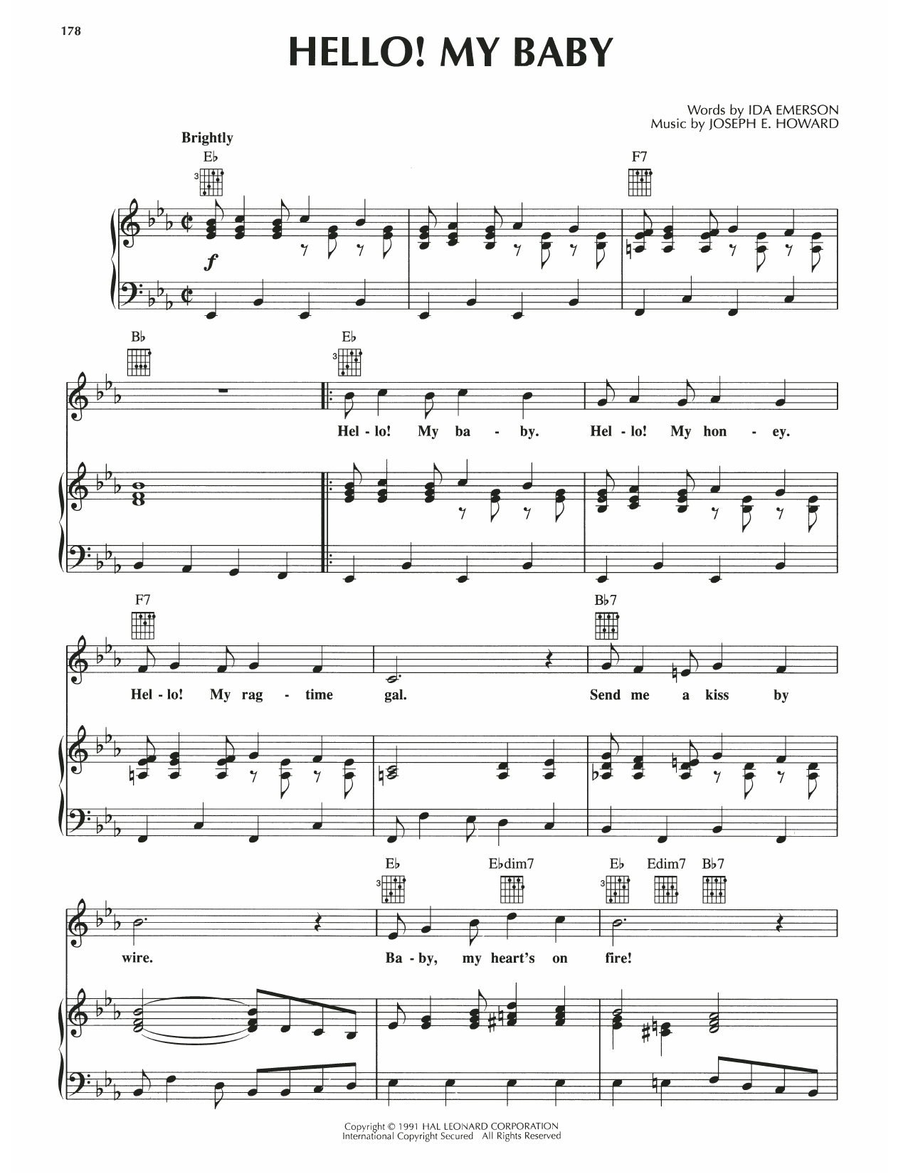 Ida Emerson and Joseph E. Howard Hello! Ma Baby Sheet Music Notes & Chords for Piano, Vocal & Guitar Chords (Right-Hand Melody) - Download or Print PDF