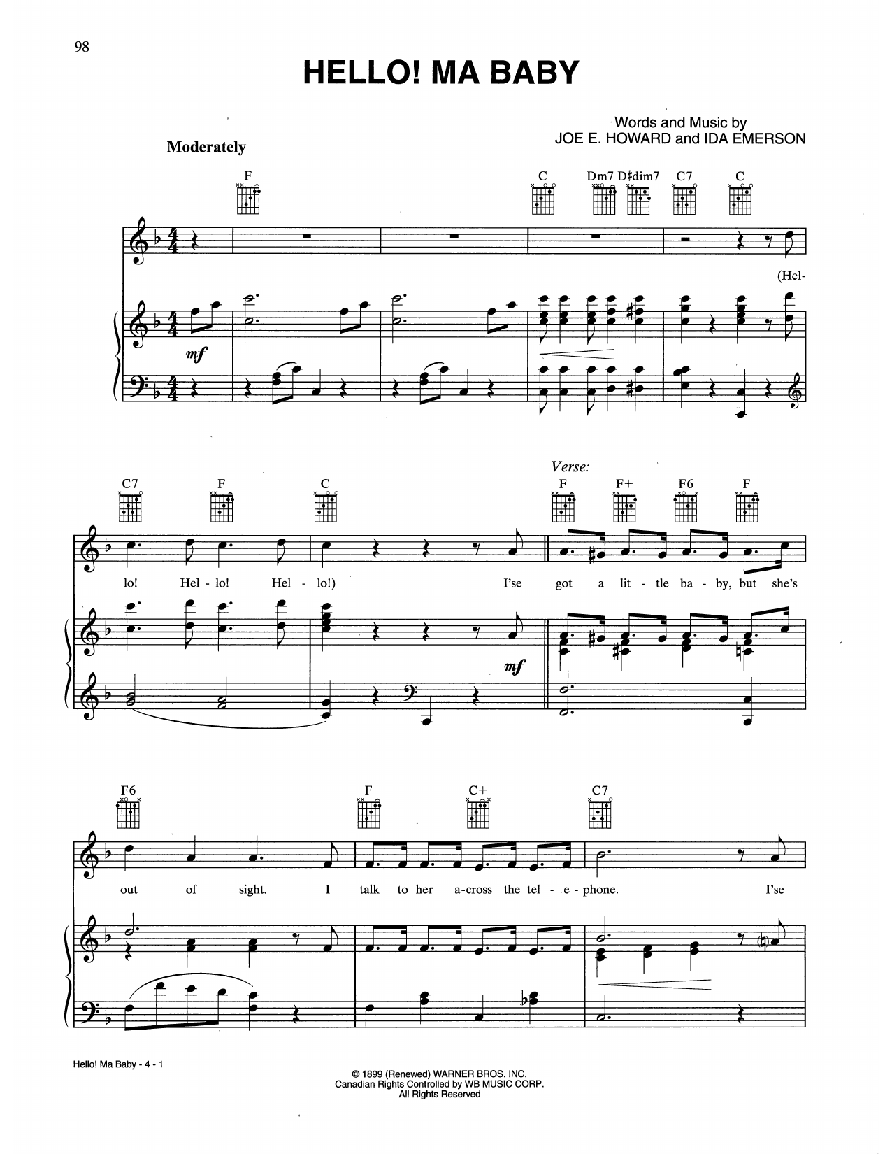 Ida Emerson Hello! Ma Baby Sheet Music Notes & Chords for Piano, Vocal & Guitar Chords (Right-Hand Melody) - Download or Print PDF