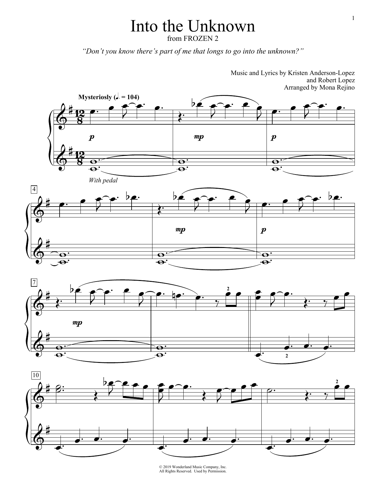 Idina Menzel and AURORA Into The Unknown (from Disney's Frozen 2) (arr. Mona Rejino) Sheet Music Notes & Chords for Educational Piano - Download or Print PDF