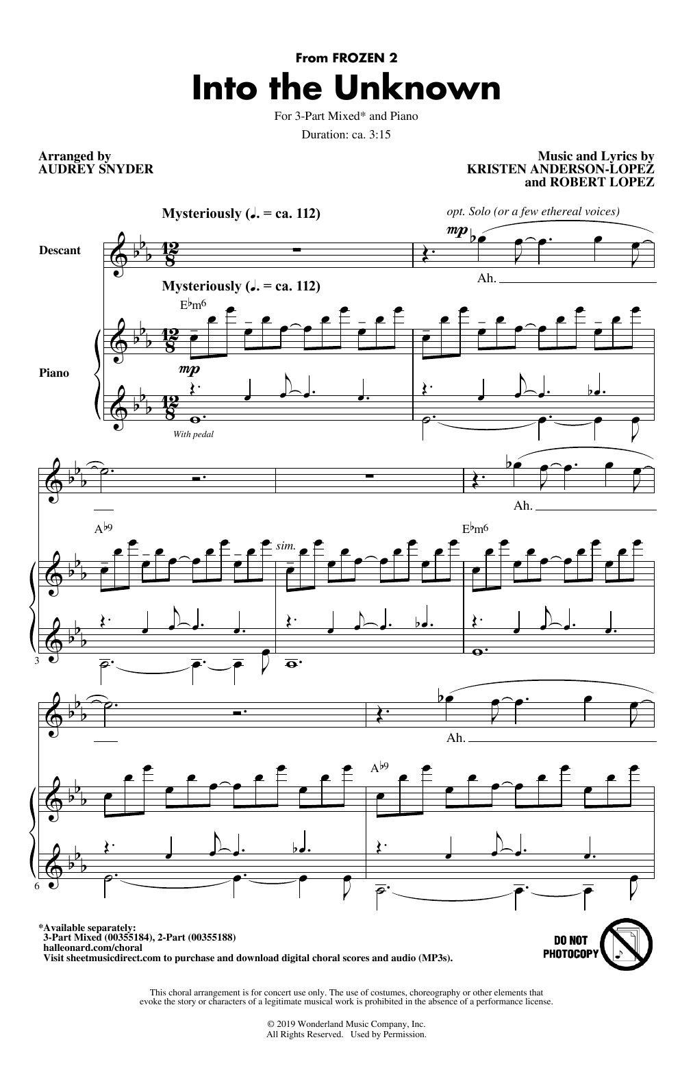 Idina Menzel and AURORA Into The Unknown (from Frozen 2) (arr. Audrey Snyder) Sheet Music Notes & Chords for 3-Part Mixed Choir - Download or Print PDF