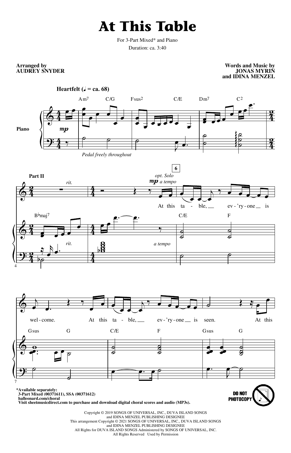 Idina Menzel At This Table (arr. Audrey Snyder) Sheet Music Notes & Chords for 3-Part Mixed Choir - Download or Print PDF