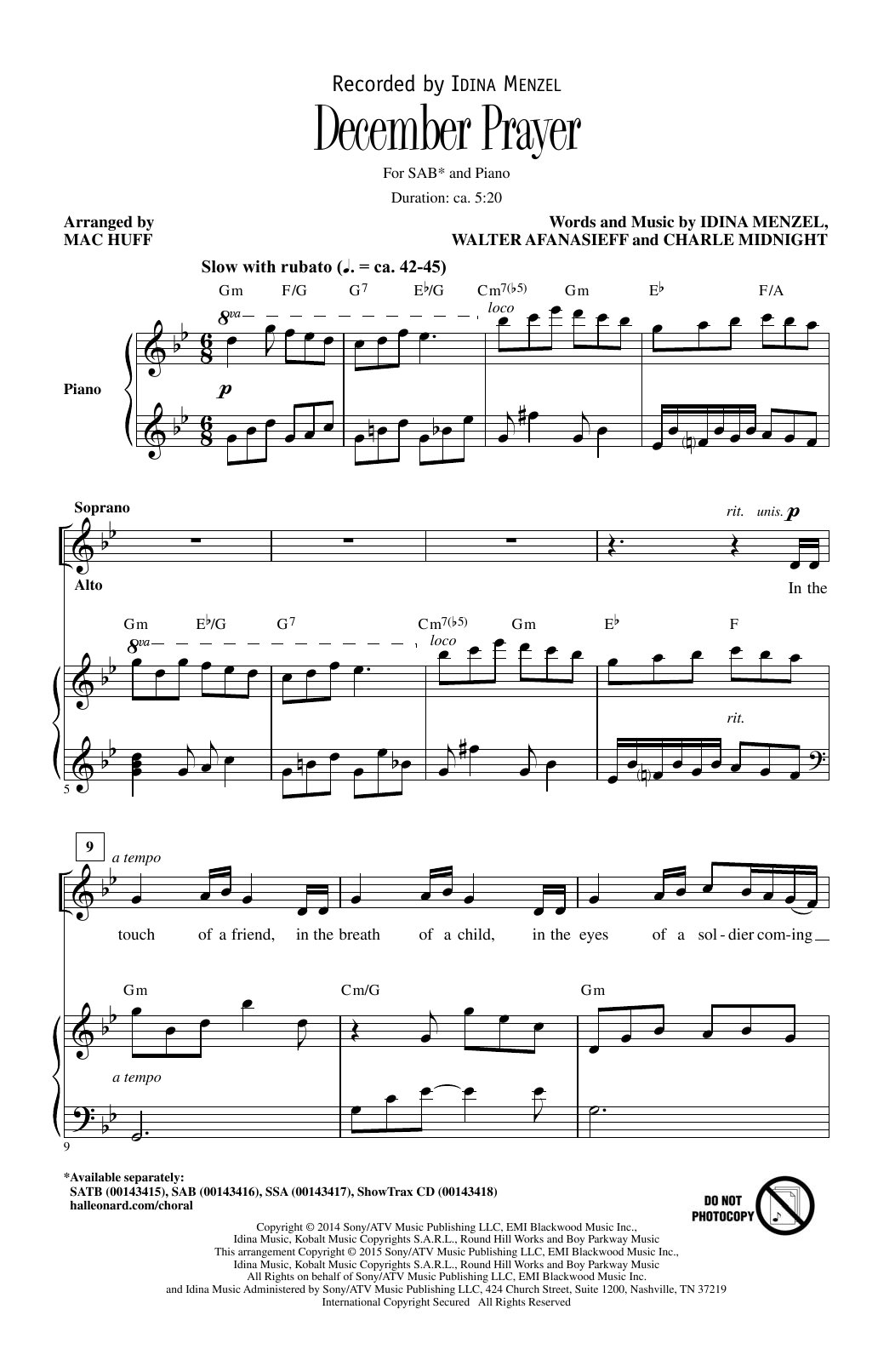 Idina Menzel December Prayer (arr. Mac Huff) Sheet Music Notes & Chords for SAB - Download or Print PDF