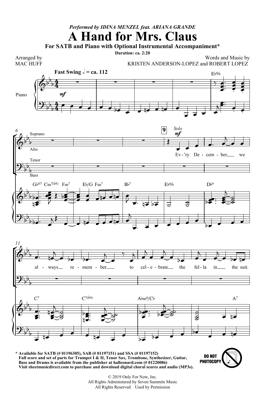 Idina Menzel feat. Ariana Grande A Hand For Mrs. Claus (arr. Mac Huff) Sheet Music Notes & Chords for SSA Choir - Download or Print PDF