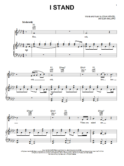 Idina Menzel I Stand Sheet Music Notes & Chords for Piano, Vocal & Guitar (Right-Hand Melody) - Download or Print PDF