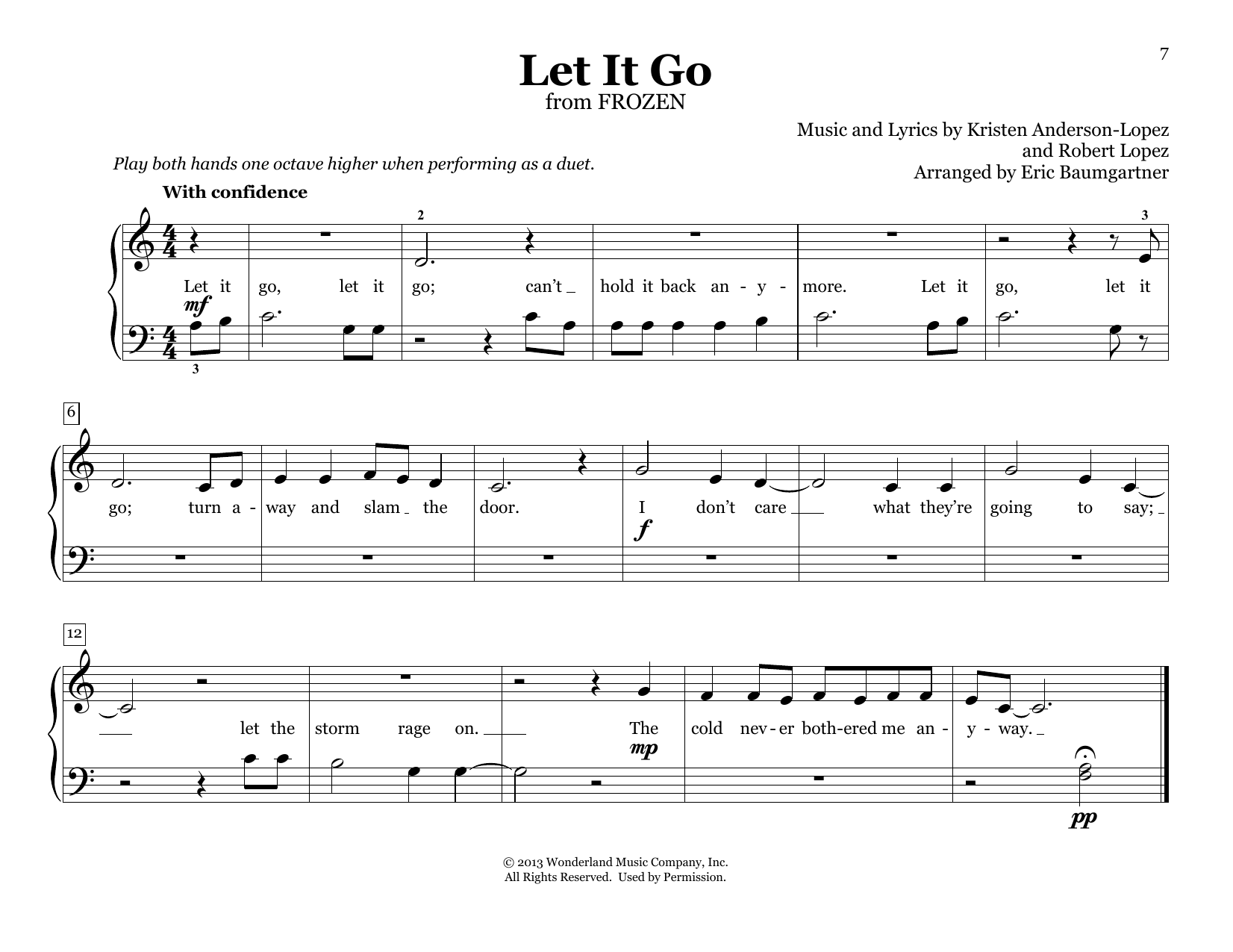 Idina Menzel Let It Go (from Frozen) (arr. Eric Baumgartner) Sheet Music Notes & Chords for Piano Duet - Download or Print PDF
