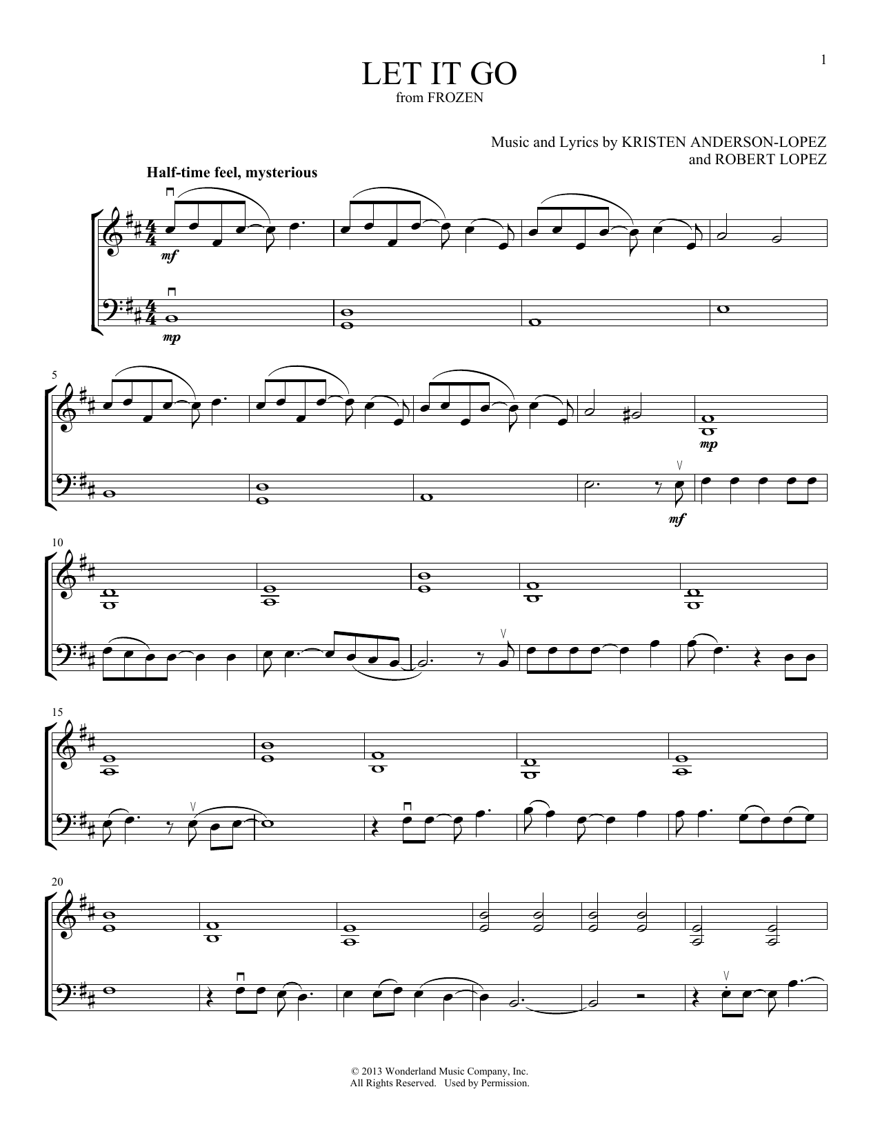 Idina Menzel Let It Go (from Frozen) (arr. Michelle Hynson) Sheet Music Notes & Chords for Instrumental Duet - Download or Print PDF