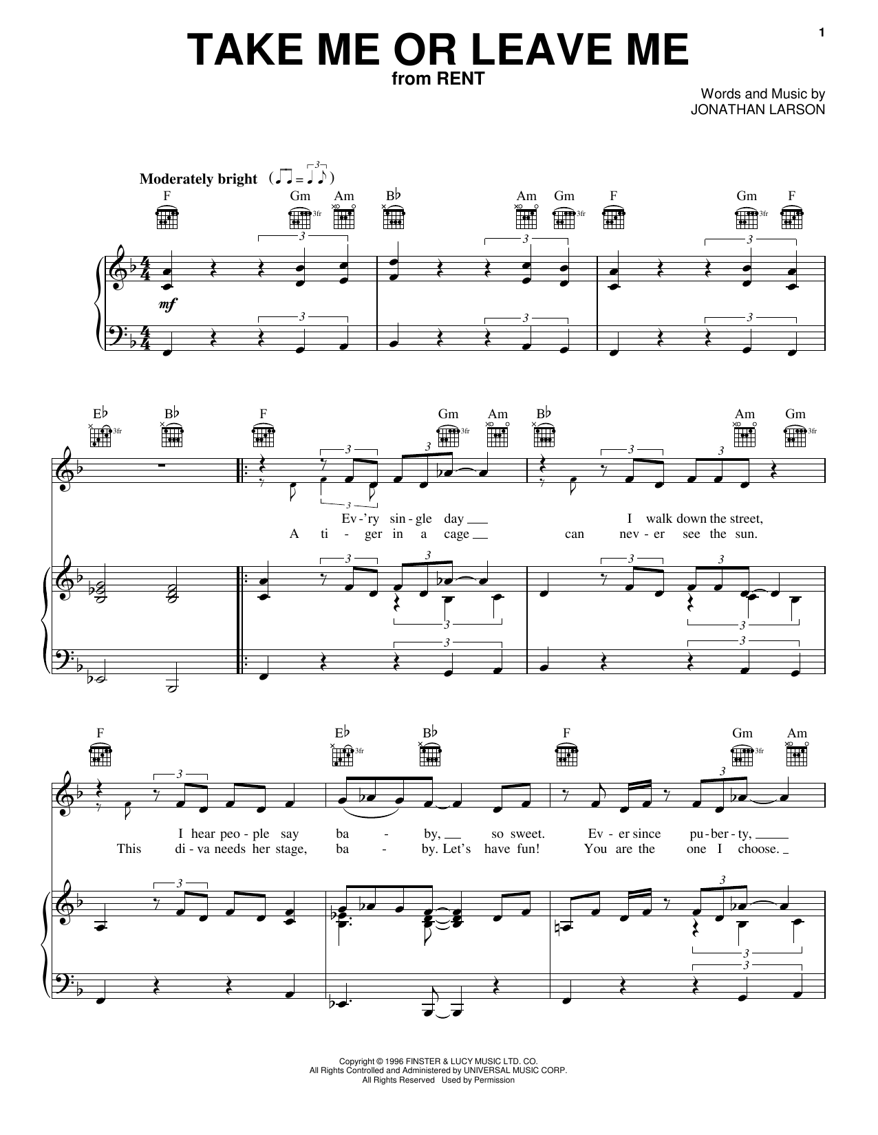 Idina Menzel Take Me Or Leave Me Sheet Music Notes & Chords for Piano, Vocal & Guitar (Right-Hand Melody) - Download or Print PDF