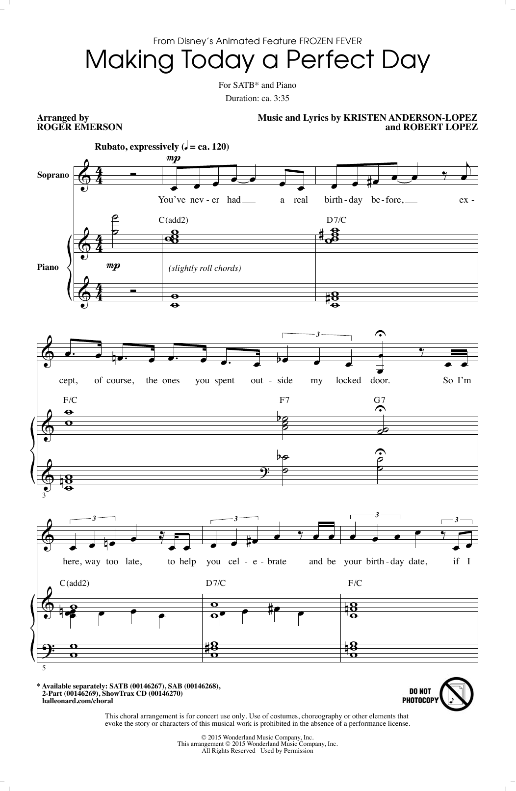 Making Today A Perfect Day (from Frozen Fever) (arr. Roger Emerson) sheet music