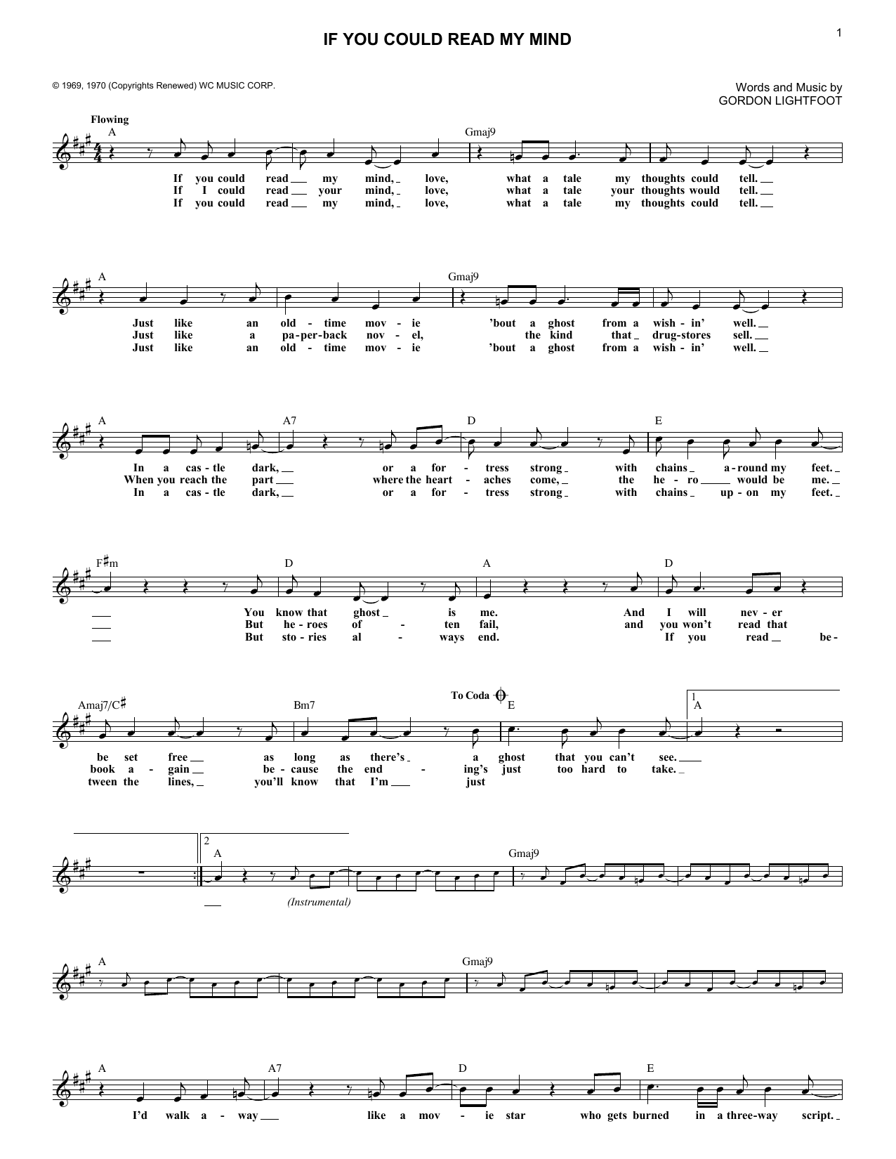 Gordon Lightfoot If You Could Read My Mind Sheet Music Download Pdf Score 163060