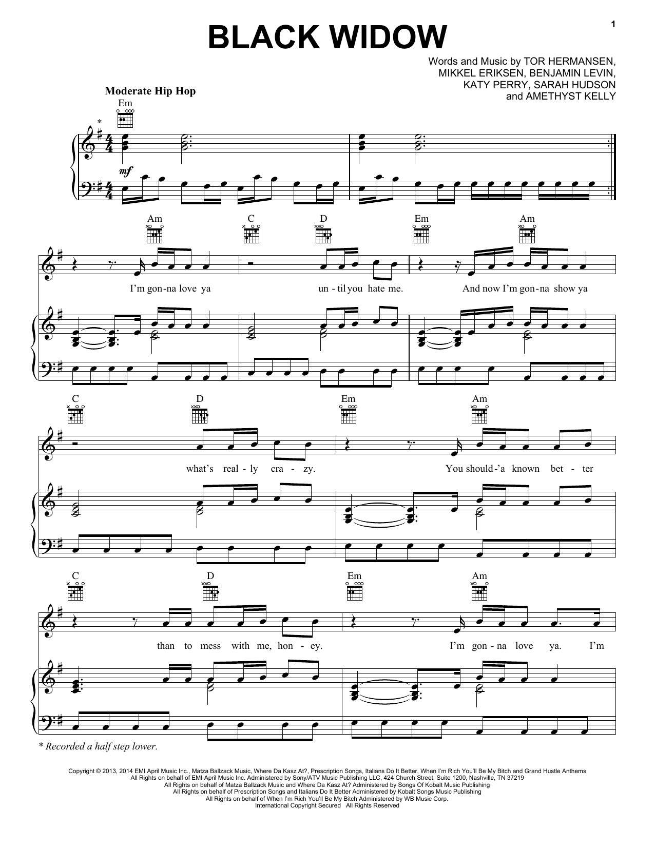 Iggy Azalea Featuring Rita Ora Black Widow Sheet Music Notes & Chords for Piano, Vocal & Guitar (Right-Hand Melody) - Download or Print PDF