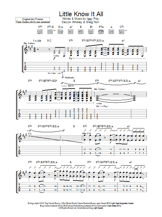 Iggy Pop & Sum 41 Little Know It All Sheet Music Notes & Chords for Lyrics & Chords - Download or Print PDF