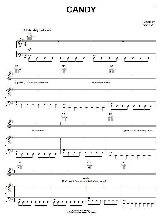 Iggy Pop Candy Sheet Music Notes & Chords for Piano, Vocal & Guitar (Right-Hand Melody) - Download or Print PDF