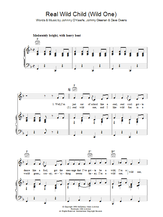 Iggy Pop Real Wild Child Sheet Music Notes & Chords for Piano, Vocal & Guitar (Right-Hand Melody) - Download or Print PDF