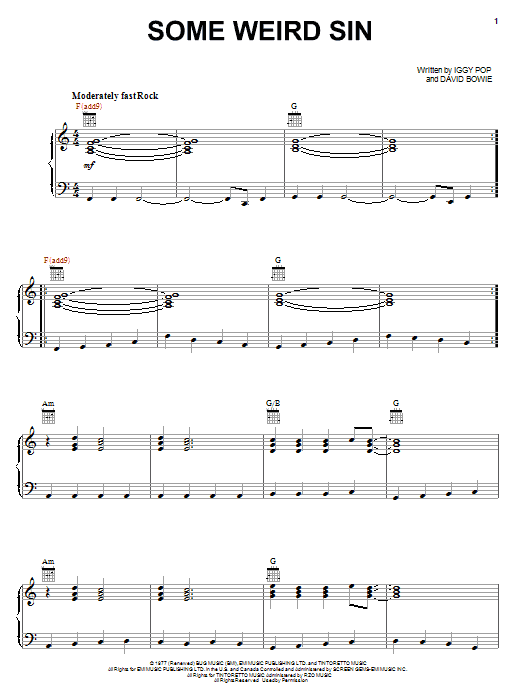 Iggy Pop Some Weird Sin Sheet Music Notes & Chords for Piano, Vocal & Guitar (Right-Hand Melody) - Download or Print PDF