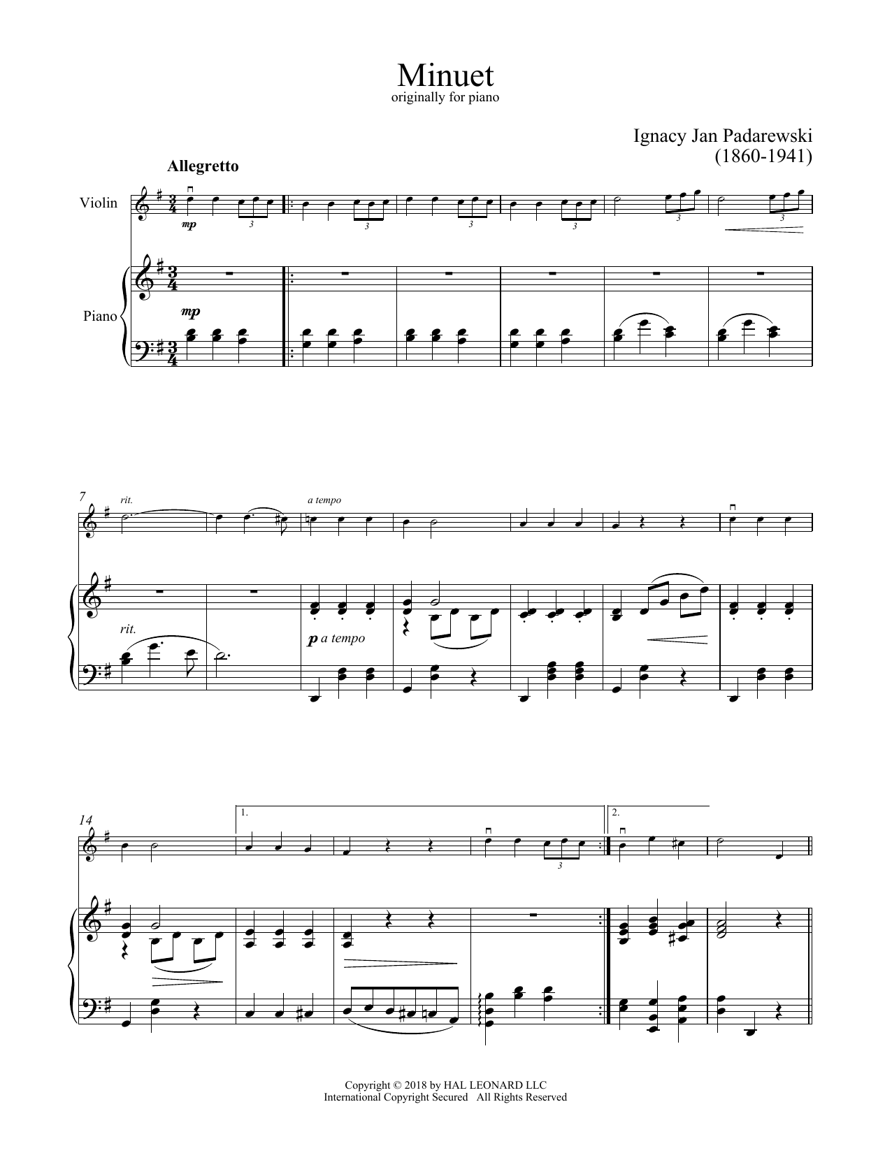 Ignacy Jan Padarewski Minuet In G Sheet Music Notes & Chords for Violin and Piano - Download or Print PDF