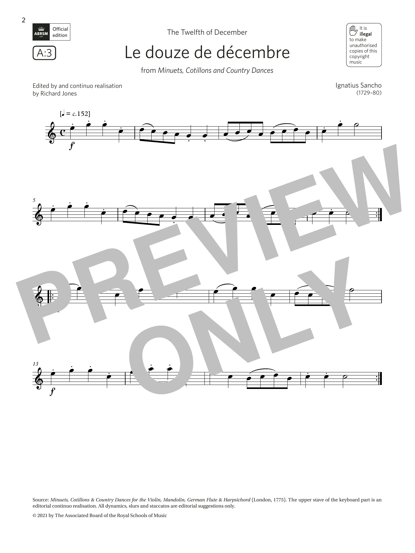 Ignatius Sancho Le douze de décembre (Grade 1 List A3 from the ABRSM Flute syllabus from 2022) Sheet Music Notes & Chords for Flute Solo - Download or Print PDF