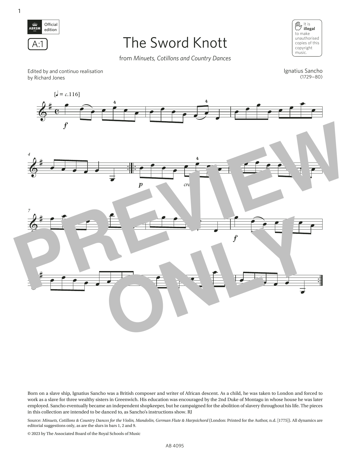 Ignatius Sancho The Sword Knott (Grade 1, A1, from the ABRSM Violin Syllabus from 2024) Sheet Music Notes & Chords for Violin Solo - Download or Print PDF