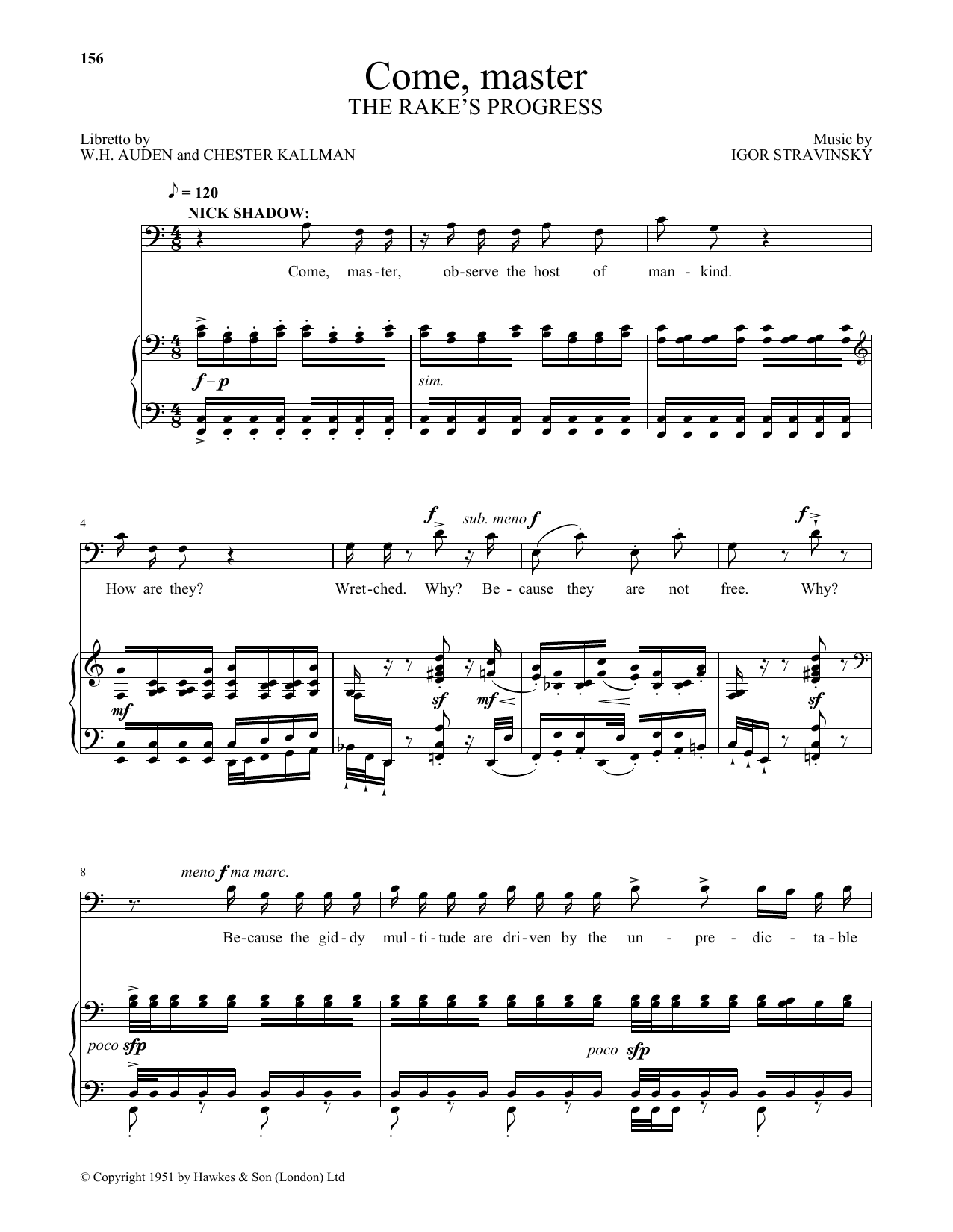 Igor Stravinsky Come, master (from The Rake's Progress) Sheet Music Notes & Chords for Piano & Vocal - Download or Print PDF