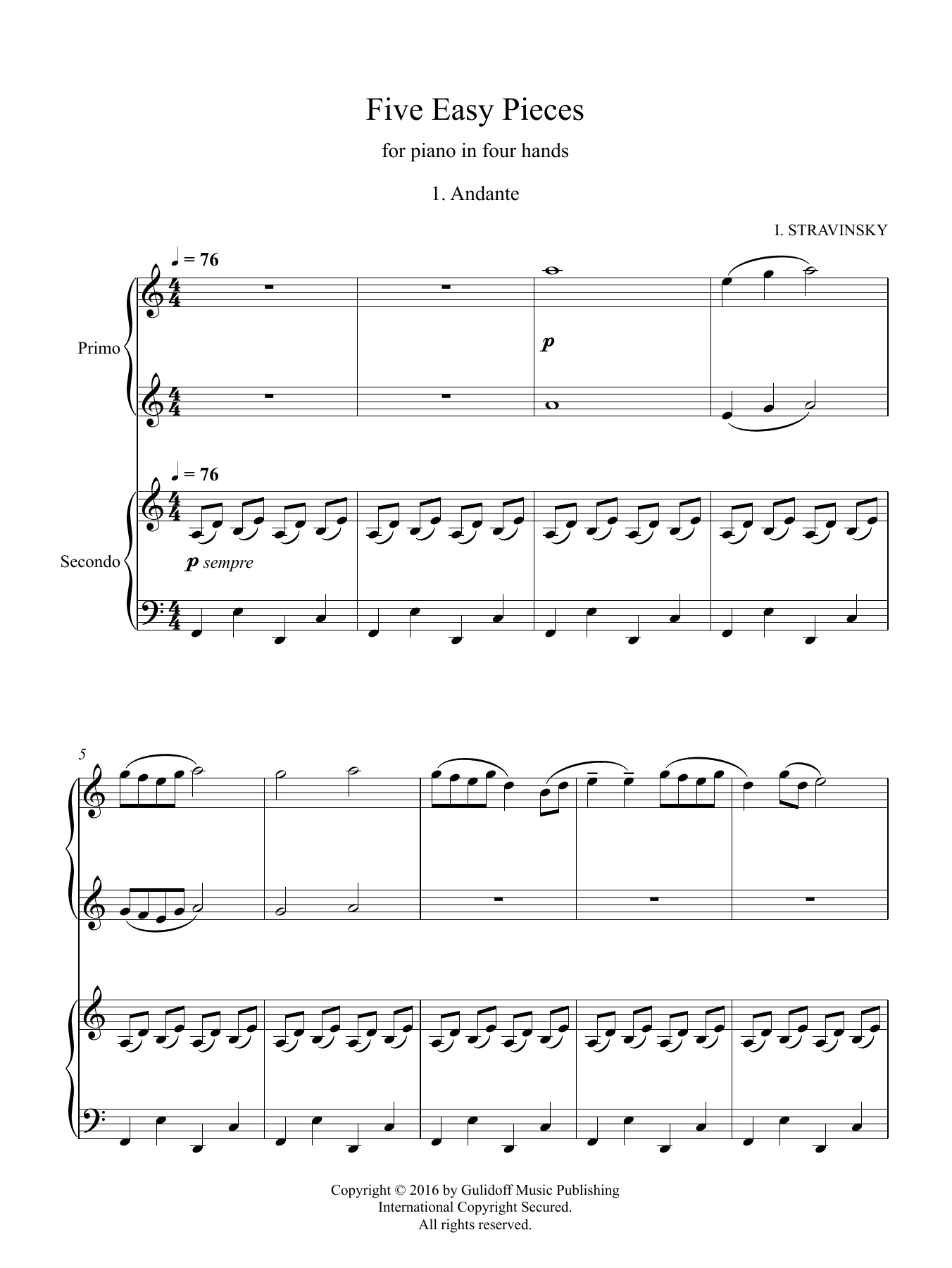 Igor Stravinsky Five Easy Pieces for piano in four hands, No. 1: Andante Sheet Music Notes & Chords for Piano Duet - Download or Print PDF