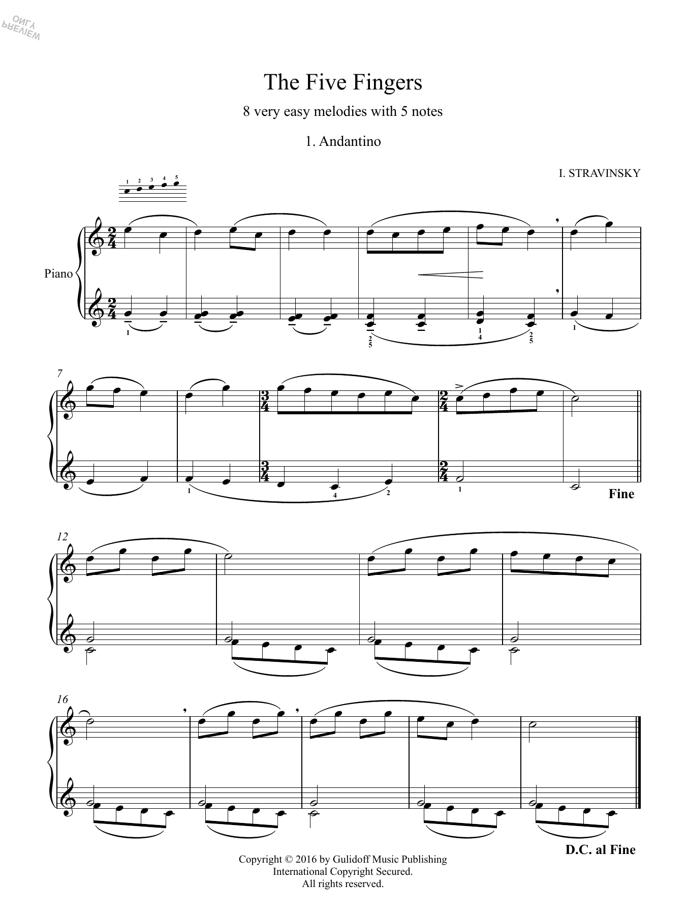 Igor Stravinsky Five Fingers: 1. Andantino Sheet Music Notes & Chords for Piano Solo - Download or Print PDF