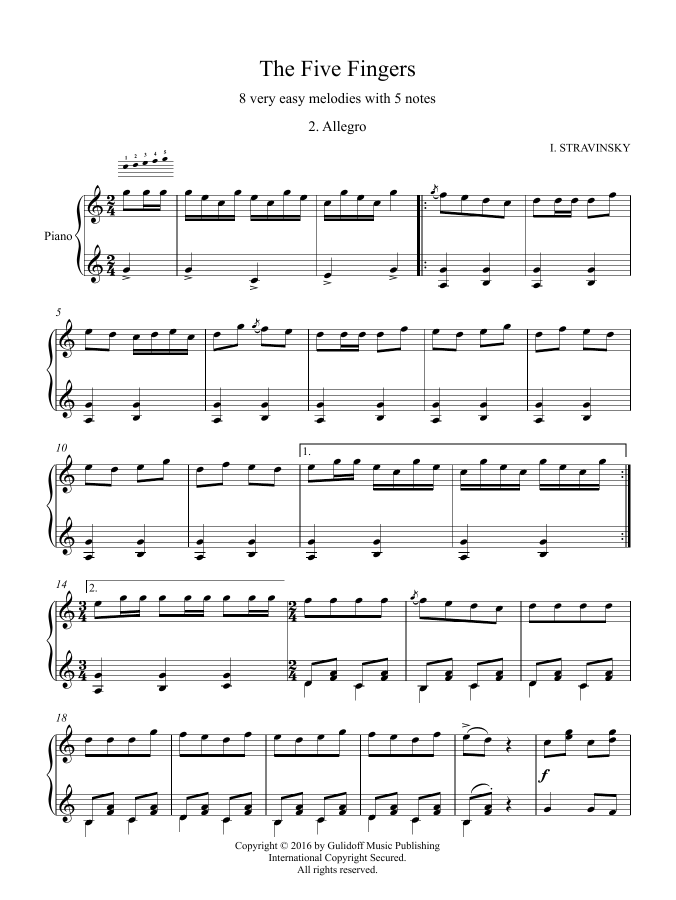 Igor Stravinsky Five Fingers: 2. Allegro Sheet Music Notes & Chords for Piano Solo - Download or Print PDF