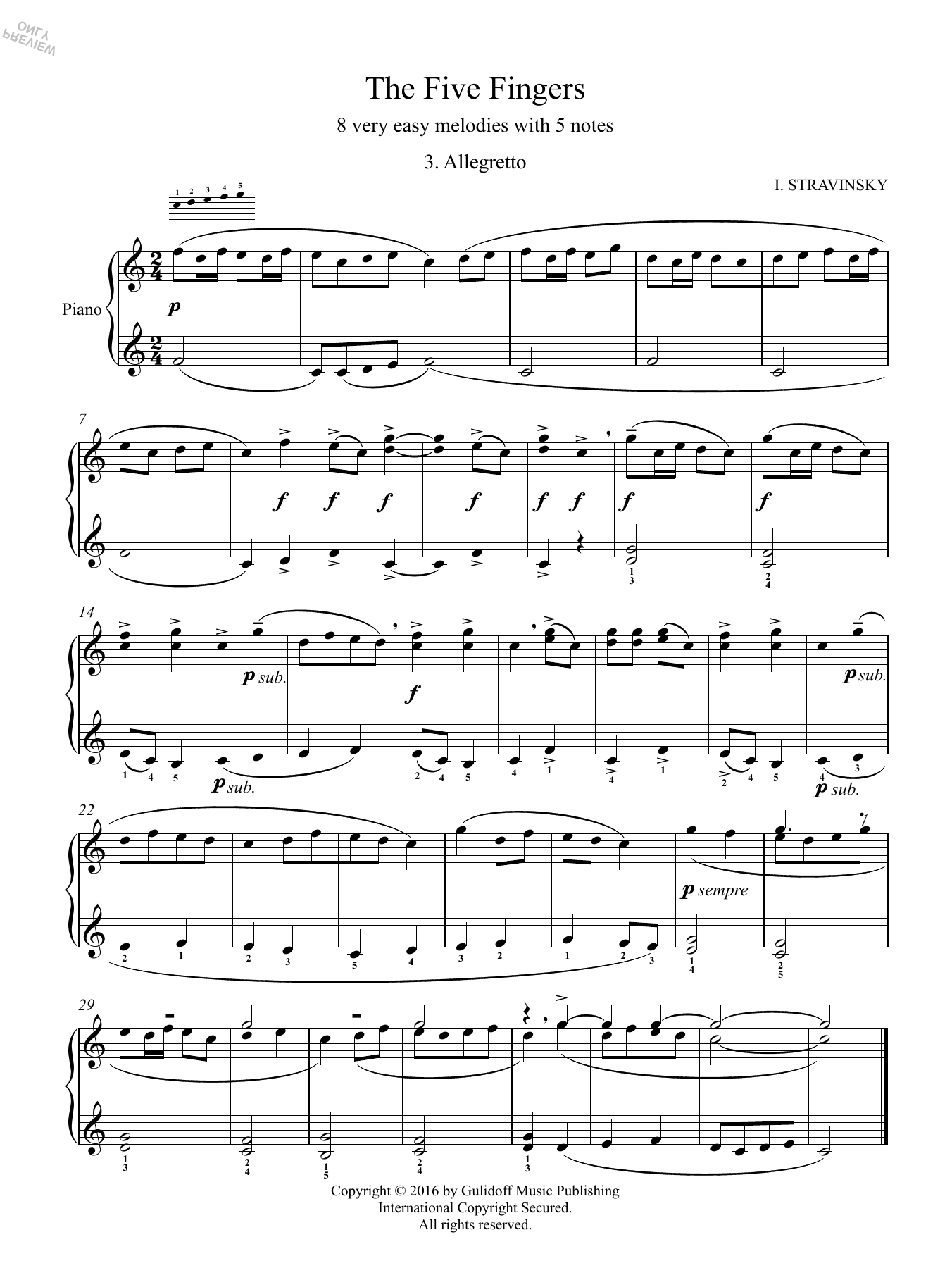 Igor Stravinsky Five Fingers: 3. Allegretto Sheet Music Notes & Chords for Piano Solo - Download or Print PDF
